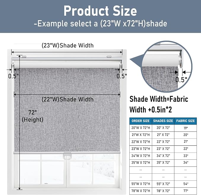 Cordless Roller Shades Blackout Blinds for Windows Room Darkening Rolled Up Shades with Spring System, UV Protection Natural Linen Fabric Window Shades Door Blinds for Home,40" W x 72" H, Heather Grey