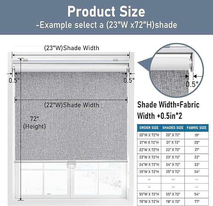 Cordless Roller Shades Blackout Blinds for Windows Room Darkening Rolled Up Shades with Spring System, UV Protection Natural Linen Fabric Window Shades Door Blinds for Home,41" W x 72" H, Heather Grey