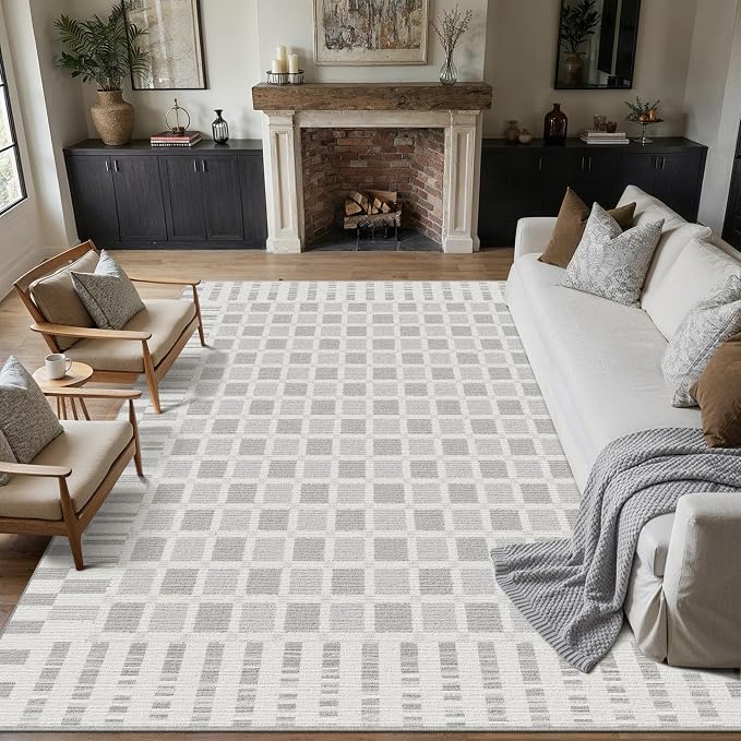 PureCozy Machine Washable Gray 8x10 Area Rugs for Living Room Modern Soft Large Checkered Rug Non-Slip Low Pile Accent Indoor Office Carpet for Bedroom Dining Room Nursery Classroom