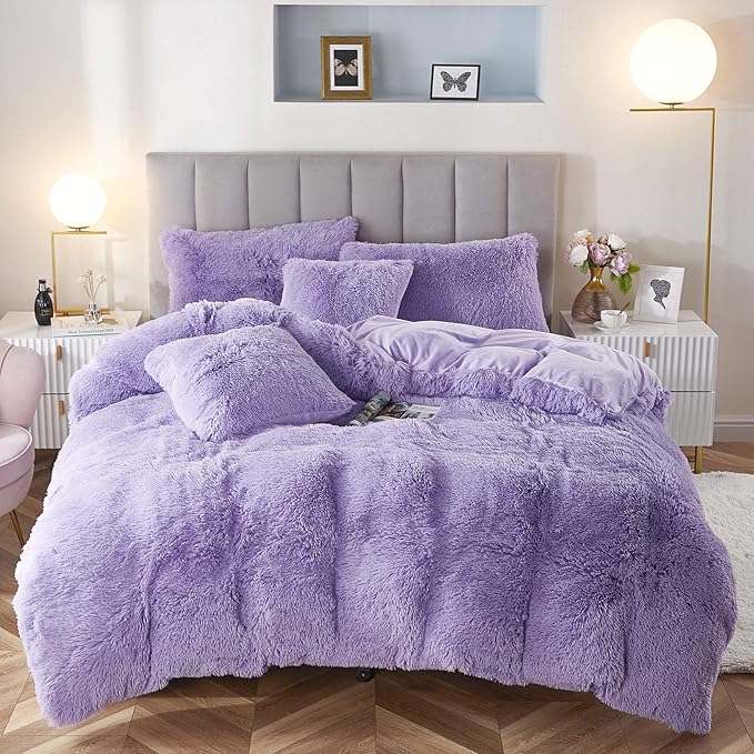 Faux Fur Velvet Fluffy Bedding Duvet Cover Set Down Comforter Quilt Cover with Pillow Sham, Ultra Soft Warm (Lilac, Twin)