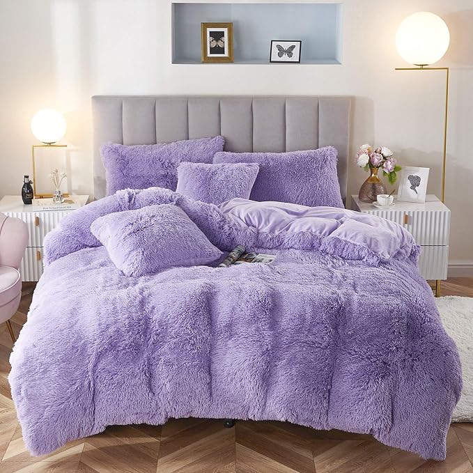 Faux Fur Velvet Fluffy Bedding Duvet Cover Set Down Comforter Quilt Cover with Pillow Shams, Ultra Soft Warm (Lilac, King)