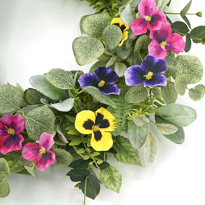 Artificial Spring Summer Wreath with Pansy Flowers,Flocked Lamb Ear Leaves,Eucalyptus Leaves,Fern Branches for Front Door Indoor Outdoor Farmhouse Wall Holiday Decor, White Gift Box Included