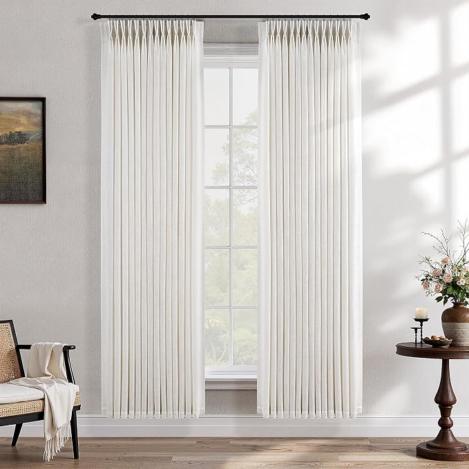 Pinch Pleat Linen Curtains 72 Inch Length 2 Panels for Living Room Bedroom Natural Cream Beige Birch Semi Sheer Light Filtering Curtains Privacy Window Drapes Neutral Boho Modern Farmhouse Decor