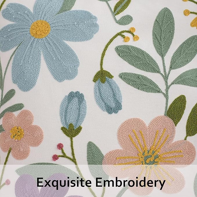Embroidery Pillow Covers 18x18 Set of 2 Multicolored Flowers Throw Pillow Covers Farmhouse Pillow Cushion Case Spring Summer Decorative Farm Pillowcases Square Rustic Floral Pillow Case