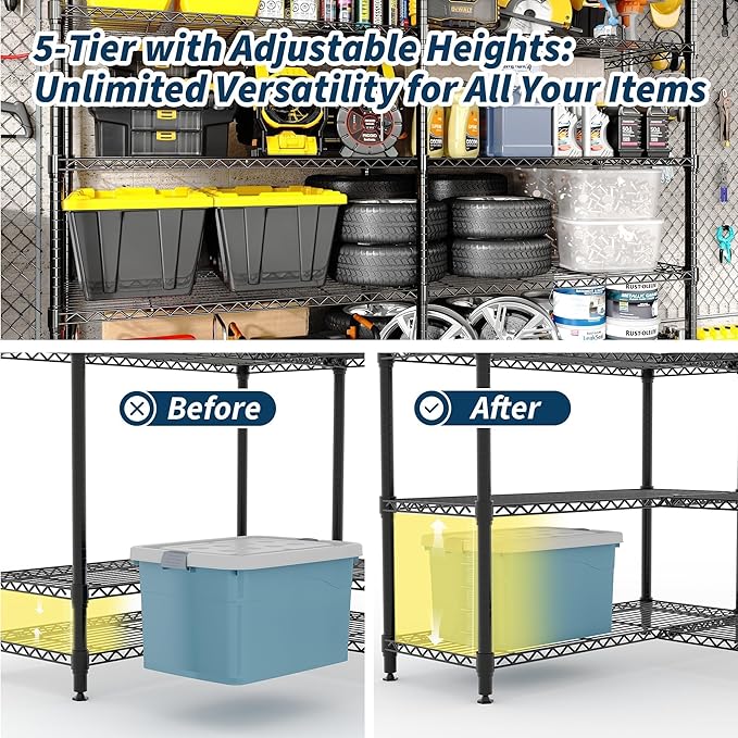 Garvee 71"Wide Storage Shelves Metal Shelving Units 5 Tier, Wire Shelving Rack 1325LBS Heavy Duty Adjustable for Storage, 71"W x 15.8"D x 70.5"H Standing Shelf Unit, for Kitchen Garage Pantry Basement