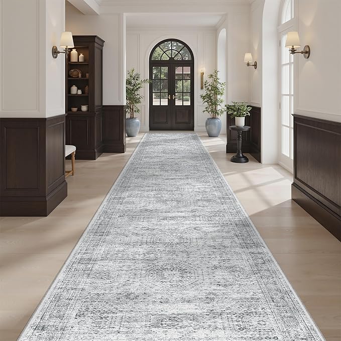 Soalmost Hallway Runner Rug 3x16 - Vintage Non Slip Washable 16ft Kitchen Runner for Entrance Soft Long Carpet Runners for Living Room Bedroom Dining Room, Grey
