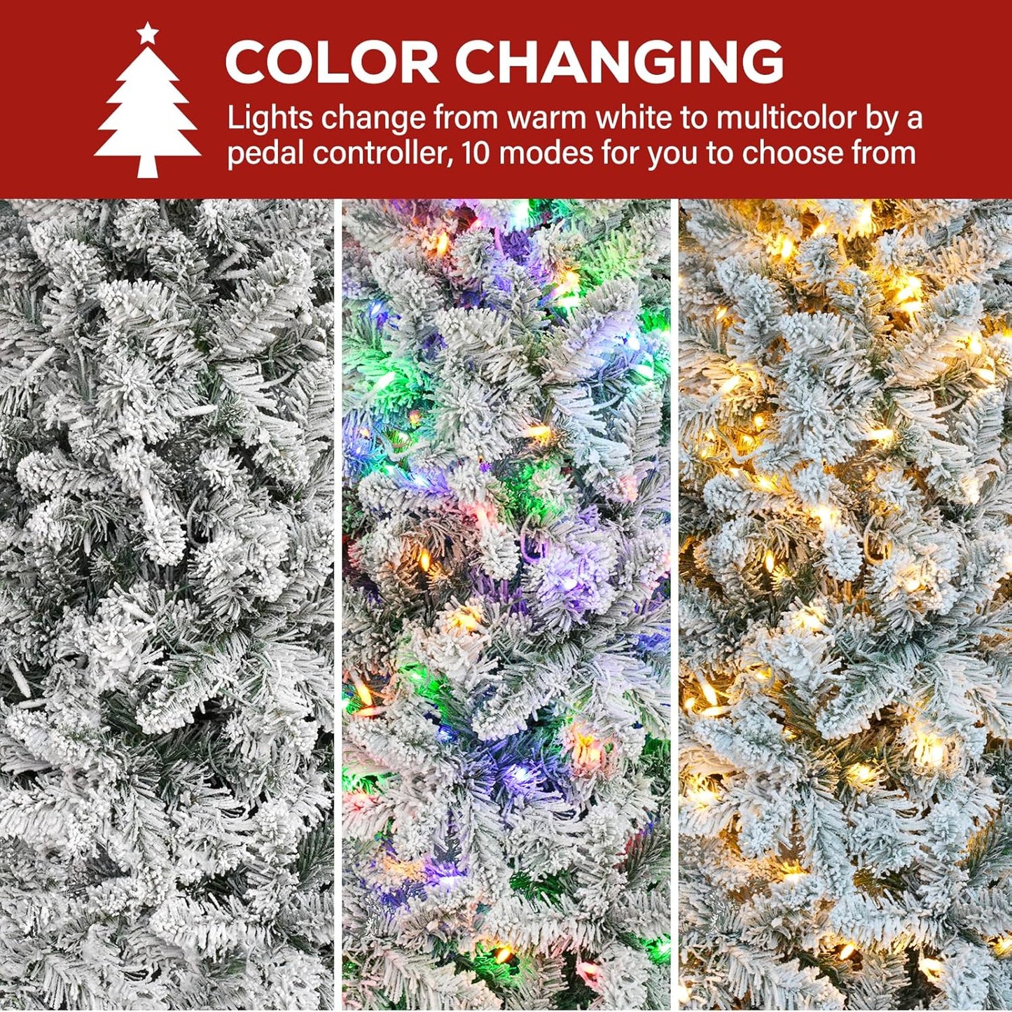 Hykolity 6 ft Prelit Snow Flocked Pencil Slim Christmas Tree, 544 PVC Branch Tips, 200 Color Changing LED Lights, Metal Stand and Hinged Branches, 10 Color Modes