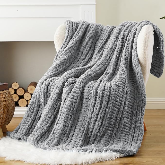 Battilo Chunky Knit Throw Blanket for Couch, 50"x60", Light Grey | Hand Knit with Chunky Yarn, Gift Blanket, Cozy Warm Thick Soft Chenille Throw Blanket for Bed, Sofa, Living Room