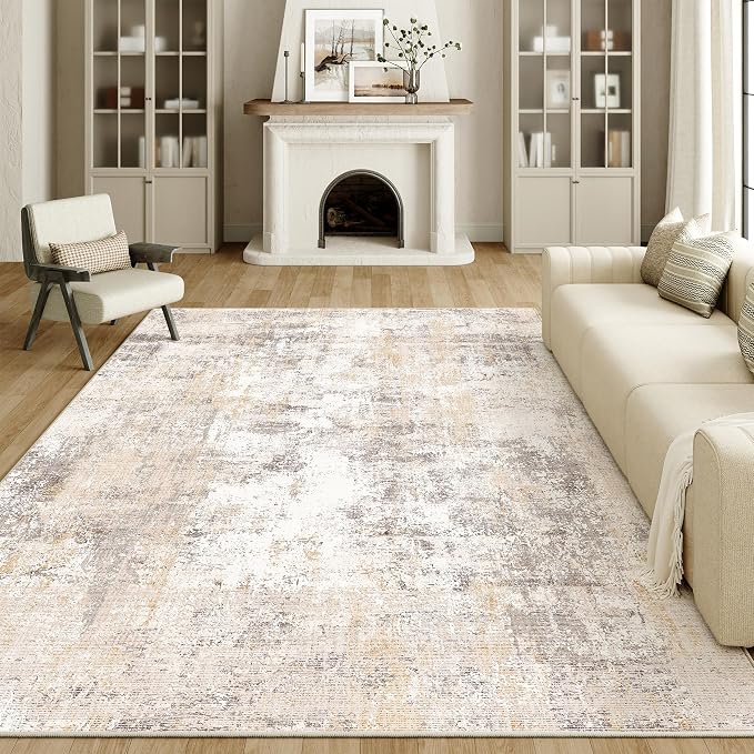 8x10 Washable Area Rug Beige Grey Abstract Non Slip Soft Medium Pile Rug for Living Room Bedroom Dining Room Office Neutral Modern Indoor Throw Carpet for Home Decor