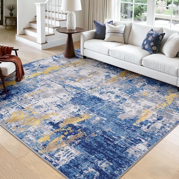 RELEANY Washable Area Rugs Square 9ft Non-Slip Modern Abstract Soft for Living Room Entryway Bedroom Nursery, Print Pattern, Grey Blue Gold/Golden
