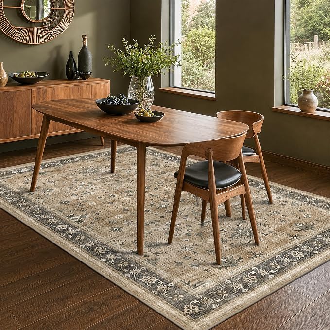 Hazo Haus Vintage Desert 5x8 Living Room Area Rug - Washable Taupe Sage Dining Room Under Kitchen Table, Low Pile Non-Slip Rugs for Bathroom, Boho Earthy Geometric Decor & Stain Resistance