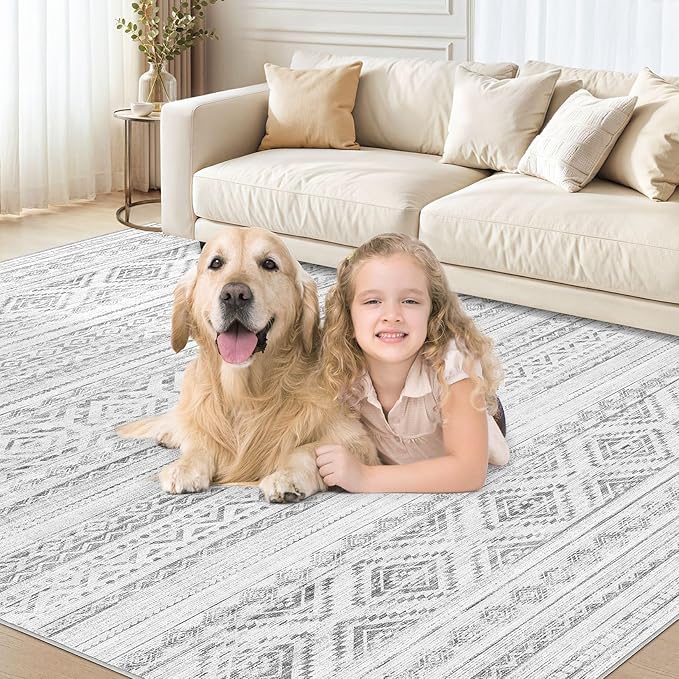 cotiled 7x9 Area Rug Living Room: Washable Boho Rugs with Non Slip Backing Large Soft Indoor Stain Resistant Carpet for Bedroom Farmhouse Dining Room Lightweight Home Decor Light Grey