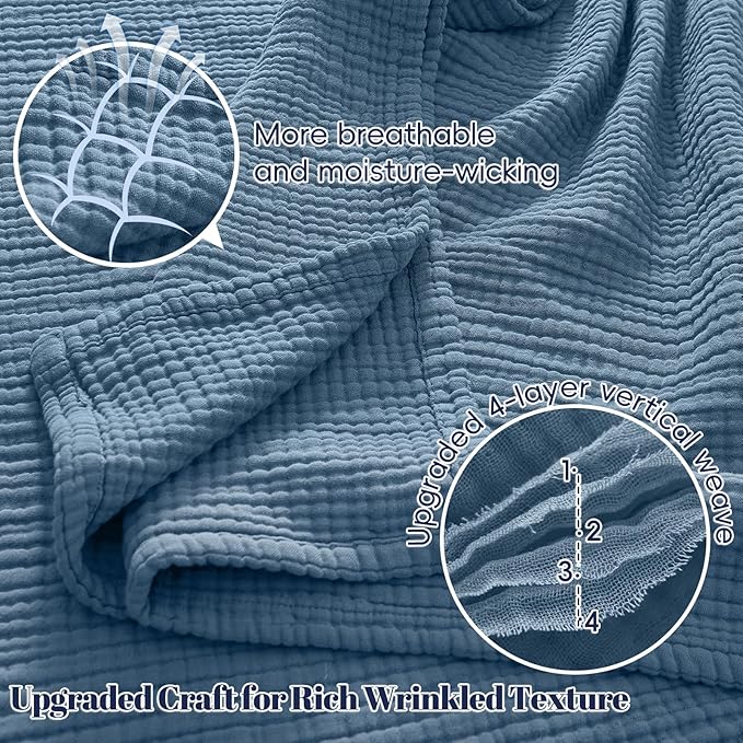 PHF 100% Cotton Muslin Blanket Queen Size 90"x90", 4-Layer Lightweight Gauze Throw, Breathable Cloud-Soft Minimalist Blanket for Bed, Couch, Camping & Baby, Denim Blue, Ideal Gift