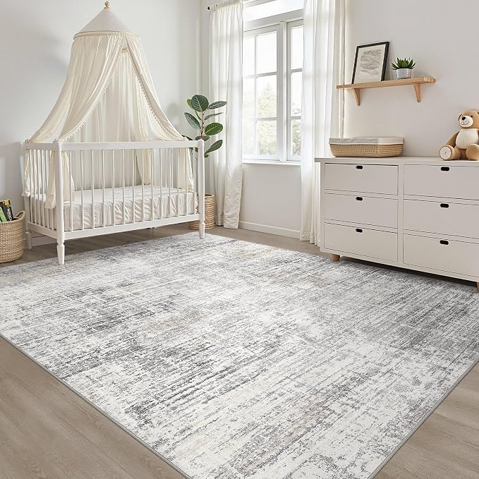 10x14 Area Rugs Living Room: Washable Large Neutral Rug Abstract Soft Modern Stain Resistant Indoor Floor Non-Slip Carpet for Bedroom Nursery Kids Office Playroom Dining Room Under Table- Gray Beige
