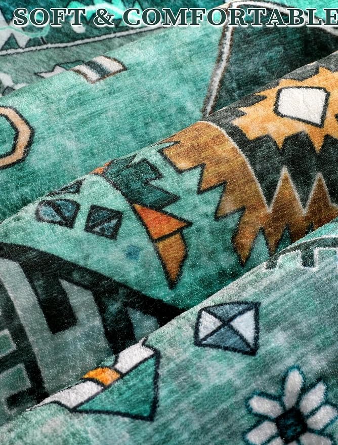 SERISSA Runner Rug for Hallways, 2'6"x18' Washable Non Slip Kitchen Runner Rug, Extra Long Boho Rug Ultra Soft Vintage Teal Print Floor Carpet for Bedroom Hallway Entryway Bathroom Laundry Room