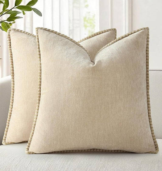 decorUhome Summer Chenille Soft Cozy Throw Pillow Covers 26x26 Set of 2, Modern Farmhouse Boho Velvet Decorative Euro Sham Pillow Cases with Stitched Edge for Couch Sofa Bed Home Decor, Beige