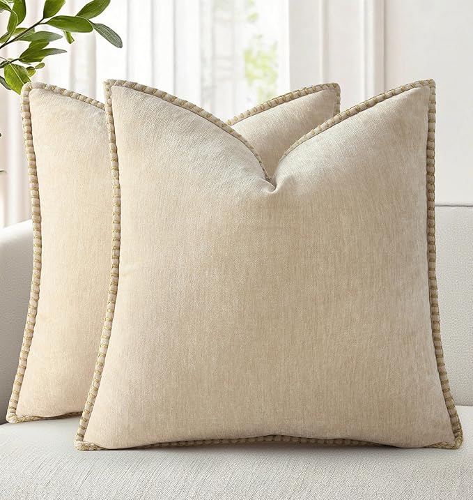 decorUhome Summer Chenille Soft Cozy Throw Pillow Covers 22x22 Set of 2, Modern Farmhouse Boho Velvet Decorative Euro Sham Pillow Cases with Stitched Edge for Couch Sofa Bed Home Decor, Beige