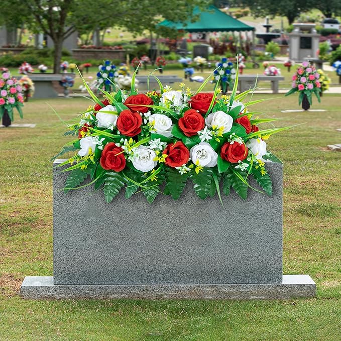 DONODA Cemetery Tombstone Flower Saddle - Outdoor Grave Decorations - Non-Bleed Colors, Rose Combination Flower (Red and White Saddle)
