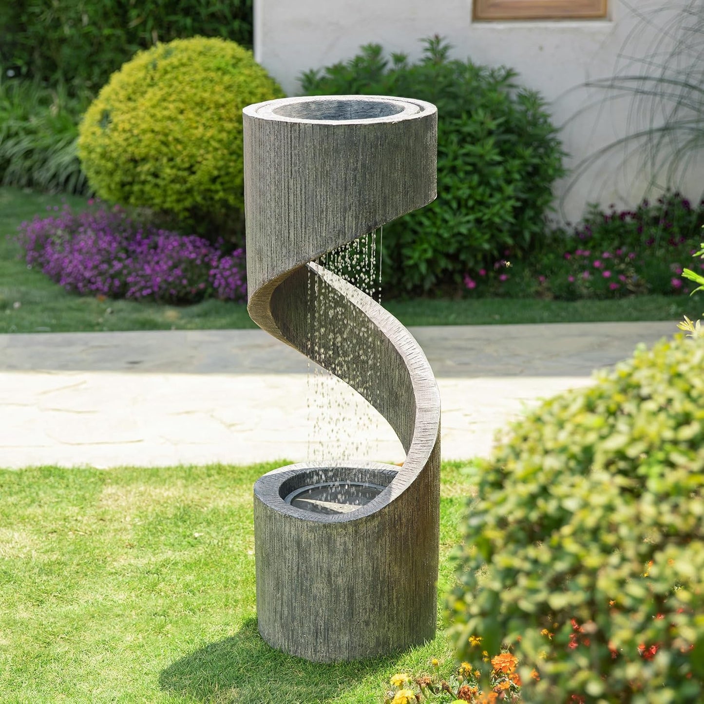Glitzhome Tiered Outdoor Water Fountain with LED Light, Modern Spiral Outdoor Fountain with Stone Planter, Freestanding Curved Waterfall Fountains for Garden Patio Deck Porch, 40”H