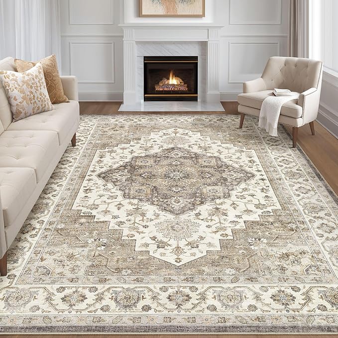 7x10 Area Rug Living Room: Washable Boho Large Neutral Vintage Soft Rug Stain Resistant Farmhouse Non-Slip Indoor Floor Carpet for Bedroom Nursery Kids Playroom Office Dining Room Home- Brown Beige