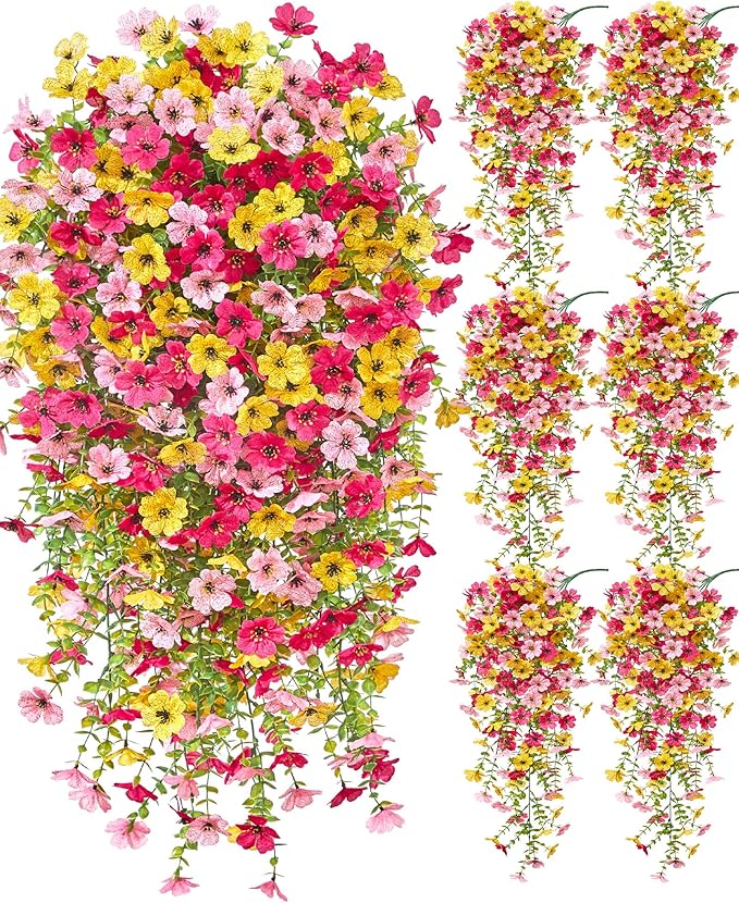 Serwalin 6PCS Artificial Hanging Flowers for Outdoors, UV Resistant Fake Hanging Plants, Realistic Weatherproof Outdoor Decor for Patio, Porch, Garden & Window (Yellow, Hot Pink & Pink,6PCS)