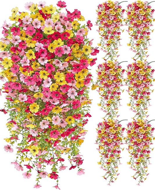 Serwalin 6PCS Artificial Hanging Flowers for Outdoors, UV Resistant Fake Hanging Plants, Realistic Weatherproof Outdoor Decor for Patio, Porch, Garden & Window (Yellow, Hot Pink & Pink,6PCS)