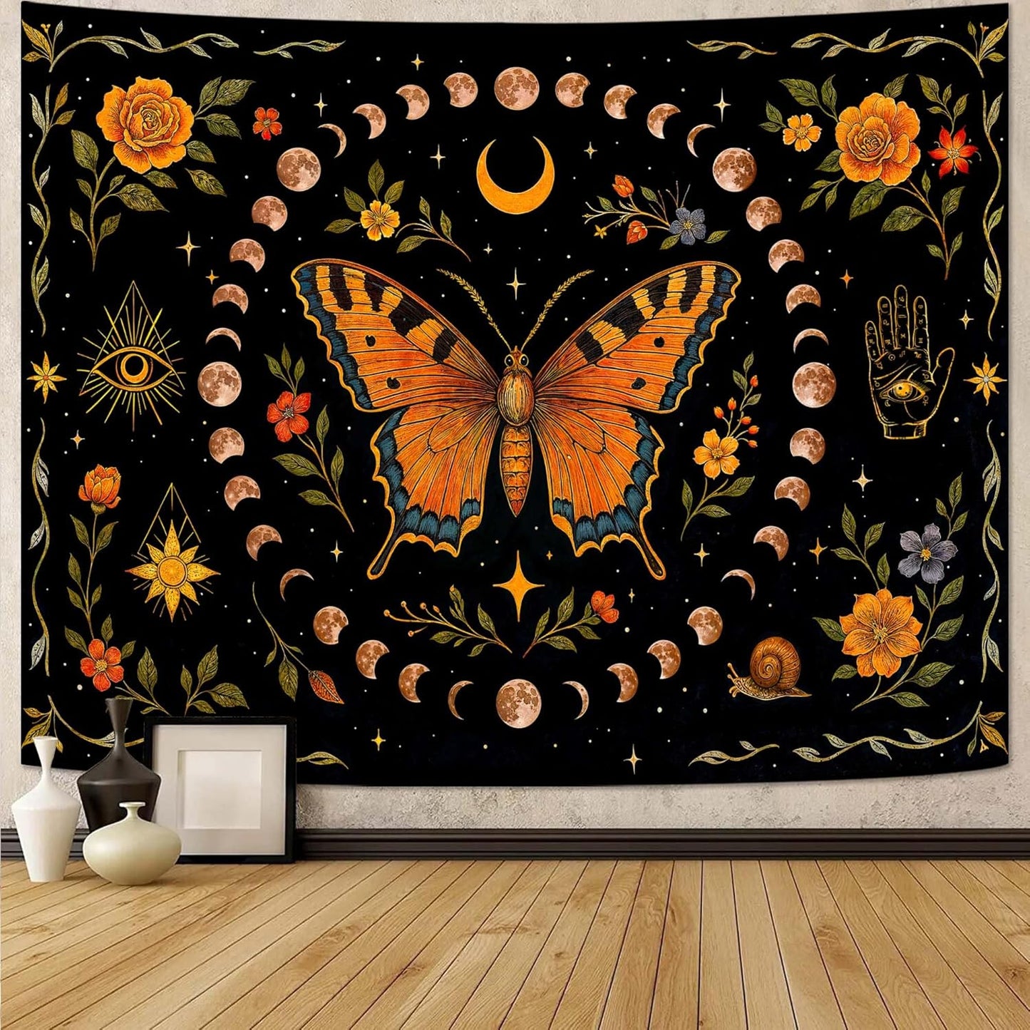 Lunerfex Moon Phase Butterfly Floral Wall Tapestry, Celestial Botanical Tapestries for Room Decor, Mystical Tapestry 80x60 Inch