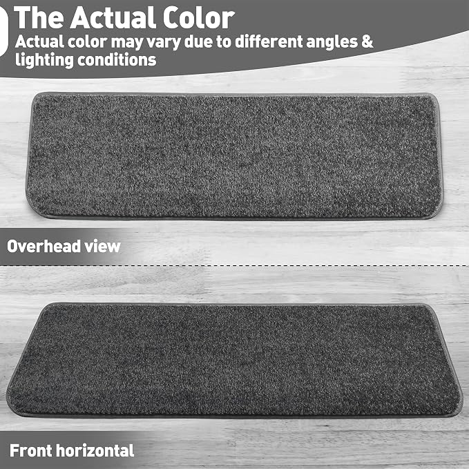 PURE ERA Bullnose Carpet Stair Treads Set Tape Free Non-Slip Indoor Stair Protectors Pet Friendly Rugs Covers Soft Skid Resistant Washable Reusable 9.5" x 30"(2 Pieces,Dark Gray)