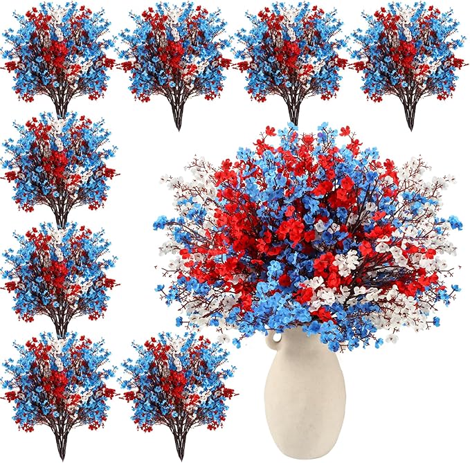 Lyrow 24 Pcs Red Blue White Patriotic Artificial Flowers 4th of July 250th Anniversary Table Centerpieces Decor Fake Babys Breath Pick Stems Floral Arrangement for Veterans Memorial Day Home Outdoor
