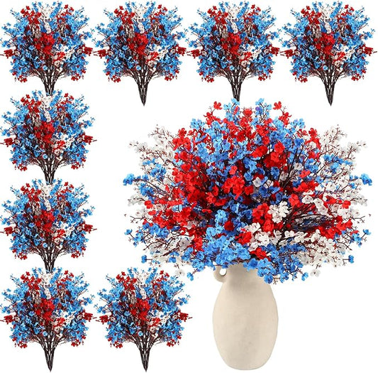 Lyrow 24 Pcs Red Blue White Patriotic Artificial Flowers 4th of July 250th Anniversary Table Centerpieces Decor Fake Babys Breath Pick Stems Floral Arrangement for Veterans Memorial Day Home Outdoor
