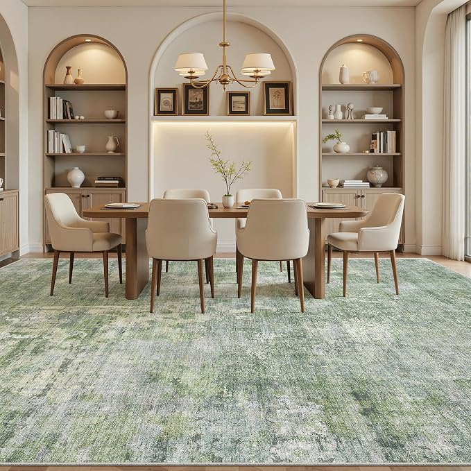 Soalmost 10x14 Area Rugs for Living Room, Non Slip Machine Washable Vintage Rugs, Low Pile Lightweight Large Rug for Bedroom, Dining Room, Home Office Green/Ivory