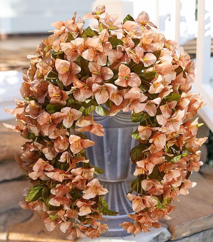 HyeFlora Bougainvillea Artificial Hanging Flowers Plants for Outdoors Decoration, 2pcs Faux Bougainvillea Vines Brown Fake Flowers Realistic UV Resistant Silk Flowers for Outside Planter Yard Porch