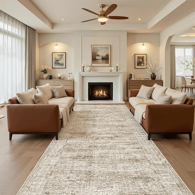 Soalmost 4x12 Wide Hallway Runners: Washable 12ft Runner Rug for Entryway Living Room Soft Vintage Non Slip Carpet Runner for Kitchen Dining Room Nursery Bedroom (Brown, 4x12ft)