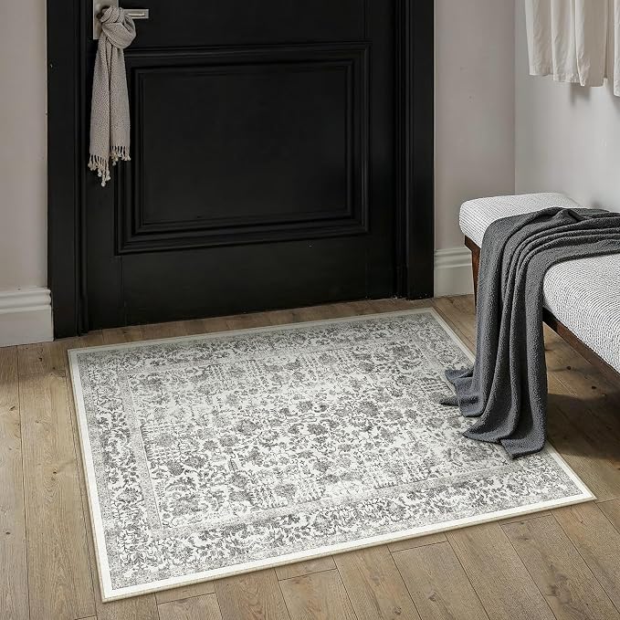 PureCozy Black Entryway Area Rug 2x3 Door Mat Machine Washable Kitchen Vintage Distressed Non Slip Carpet Indoor Retro Floral Accent Throw Small Rug for Bathroom Office Bedroom Dining Room