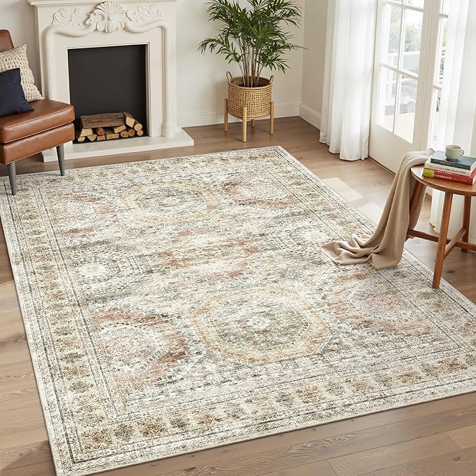 Soalmost 6x9 Area Rug for Living Room Washable 6x9 Non-Slip Modern Rugs for Bedroom Dinning Room Ultra-Thin Indoor Brown Pink