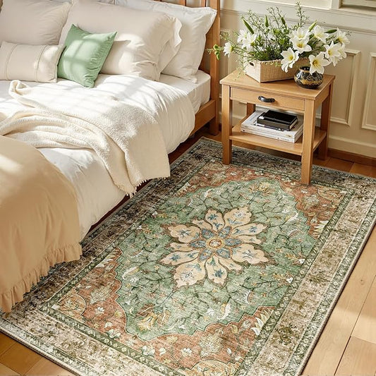 RELEANY Area Rugs 3'x5' Washable Non-Slip, Floral Vintage Distress Print Pattern Medallion Carpet for Living Room Bedroom Dining Room, Brick Red Rust Neutral Brown Burnt Orange Green