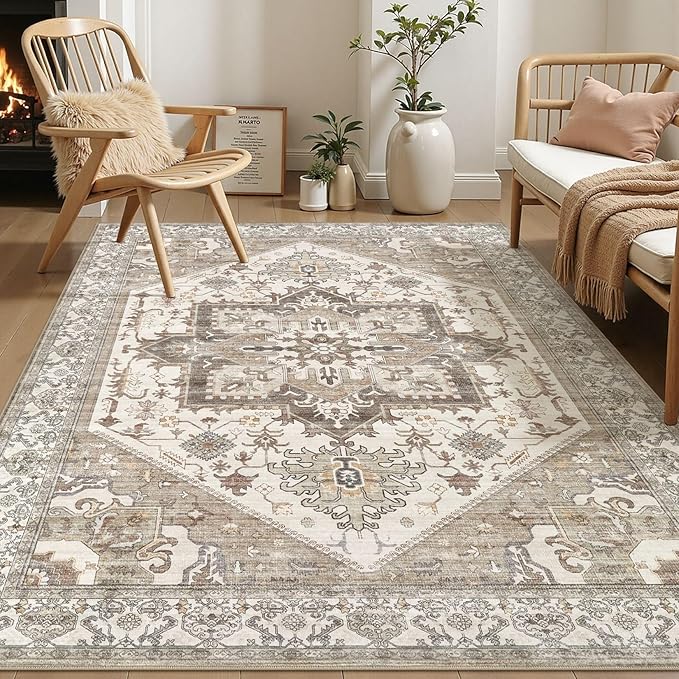 Area Rug for Living Room - 5x7 Washable Oriental Vintage Floral Large Soft Carpet - Fade Stain Resistant Non Slip Rugs for Bedroom Dining Room Nursery Dorm Office Home Decor - Beige Brown