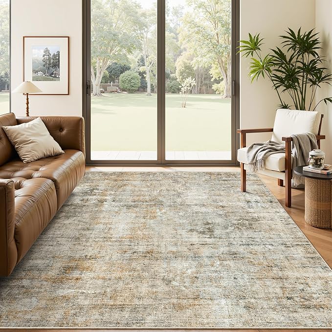 Soalmost Abstract Rug 5x7 Machine Washable Area Indoor Orange Low Pile Non-Slip Foldable Thin Accent Rugs for Bedroom Living Room Dining Room