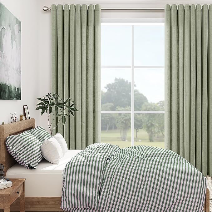 Sage Green Linen Curtains 96 Inch Length for Living Room 2 Panels Set Soft Thick Textured Grommet Design Semi Sheer Light Filtering Window Curtain Drapes Burlap Look Rustic Farmhouse Home Decor 52x96