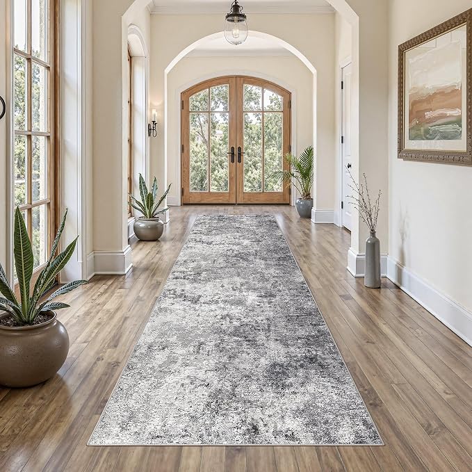 UERMEI 3x10 Washable Runner Rug for Hallway, Non Slip Low Pile Kitchen Carpet, Neutral Modern Abstract Indoor Floor Mat for Entryway Laundry, Kid & Pet Safe High Traffic Area, Grey