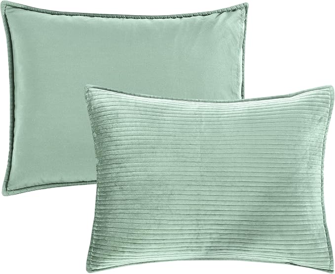Elegant Comfort Luxury 3-Piece Velvet Corduroy Stripe Quilt Set, Ultra Soft Bedspread - Cozy Velvet Coverlet Set - 3PC Medium Weight Quilted Set with Matching Pillow Shams, Queen, Smoke Green