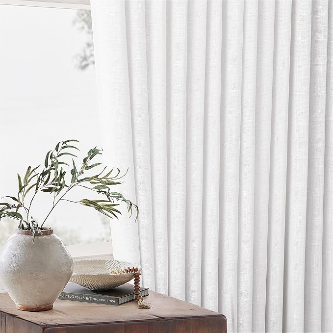 White Pinch Pleated Linen Curtains 96 Inches Long 60 Inch Width Linen Blend Light Filtering Window Curtains 96 Inch for Living Room Bedroom Patio Pinch Pleat Drapes with Hooks Rings 1 Panel 60Wx96L