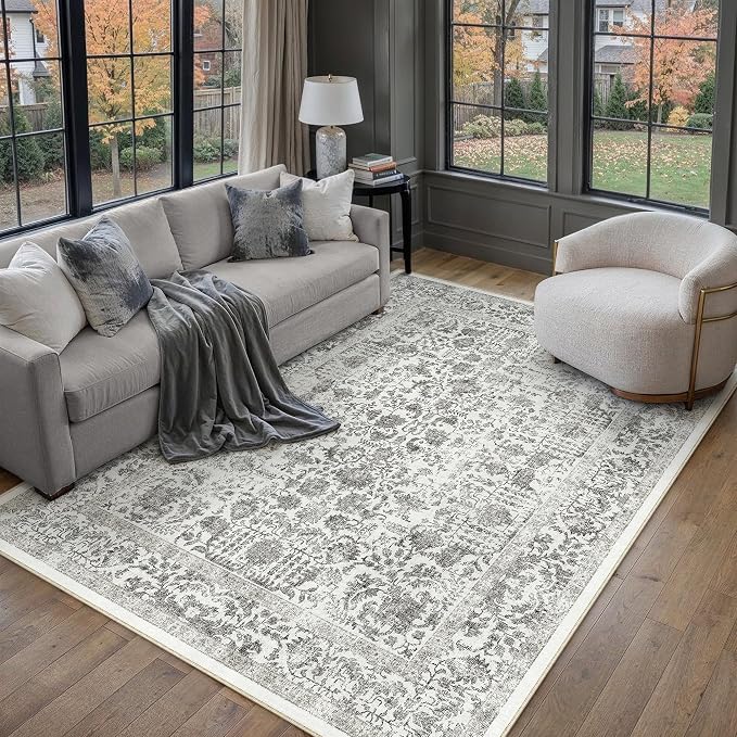 PureCozy Black Area Rug 5x8 Machine Washable Vintage Living Room Distressed Non Slip Carpet Traditional Indoor Bedroom Retro Floral Accent Throw Large Rug Office Kitchen Bathroom Dining Room