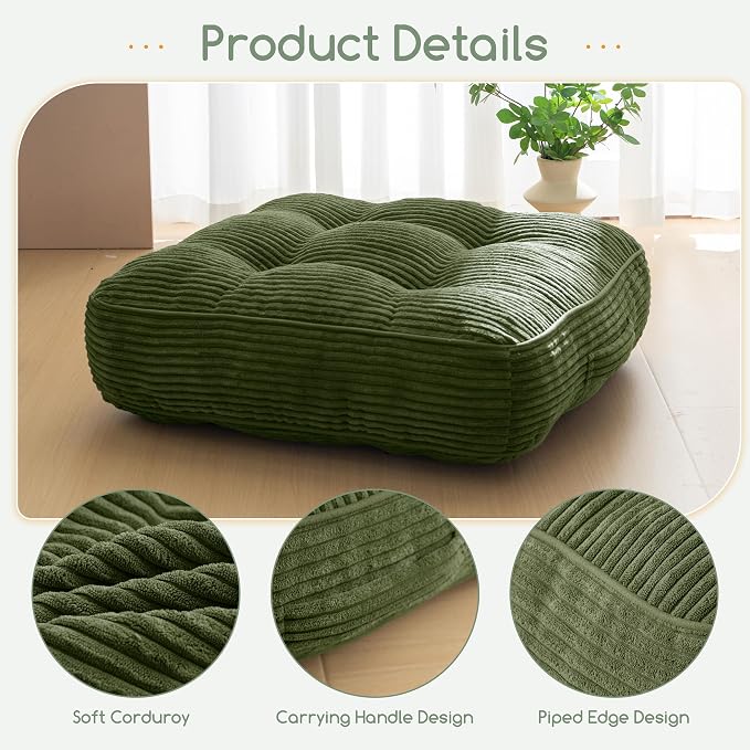 HIGOGOGO 6" Extra Thick Floor Pillow Cushion for Adults, Meditation Cushion Pillow, Large Square Floor Sitting, Tufted Corduroy Cover, for Tatami Living Room or Yoga, 22x22 Inch, Dark Green