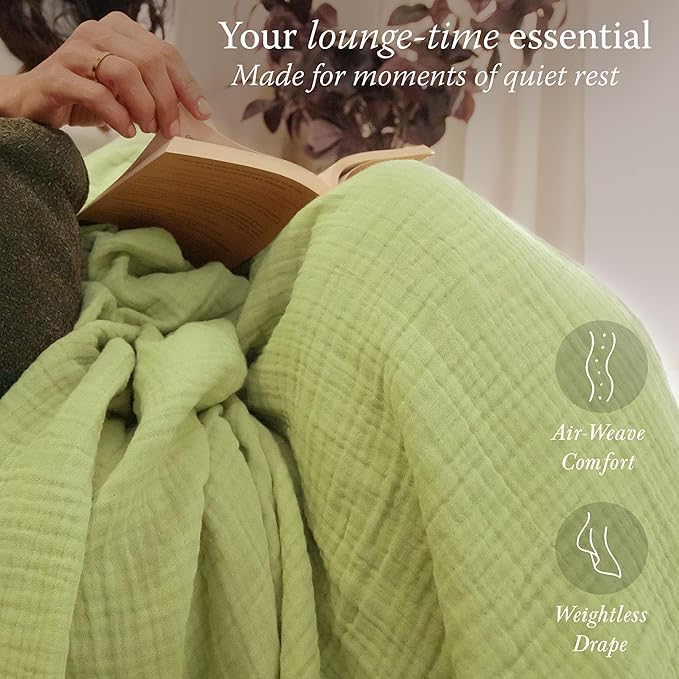 Threadmill Muslin Queen Blanket | Soft, Cozy and Breathable Muslin Throw for Bed | 4-Layer Gauze for All Seasons | Pre Washed, Lightweight Summer Blanket Fits Full Size Bed | Sage Green