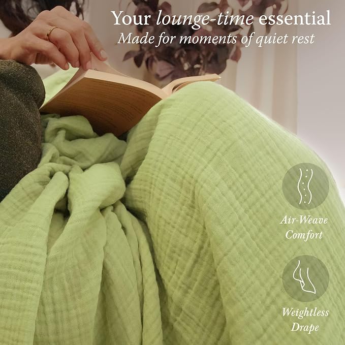 Threadmill King Size Muslin Blanket |Pre Washed 4 Layer Lightweight Gauze for All Seasons | Soft, Breathable, and Cozy Picnic Blankets| Pre Washed Summer Blanket Fits Cal King Size Bed | Sage Green