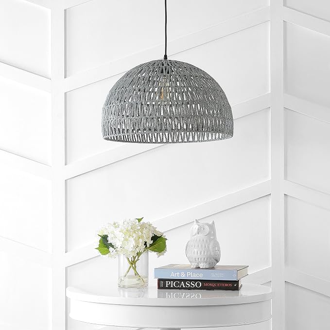 JONATHAN Y 20" Gray Modern Bohemian Woven Rope LED Pendant Light Fixture, Adjustable Dome Ceiling Lamp for Kitchen Island, Rope Shade, Coastal Farmhouse Decor (JYL6504D)