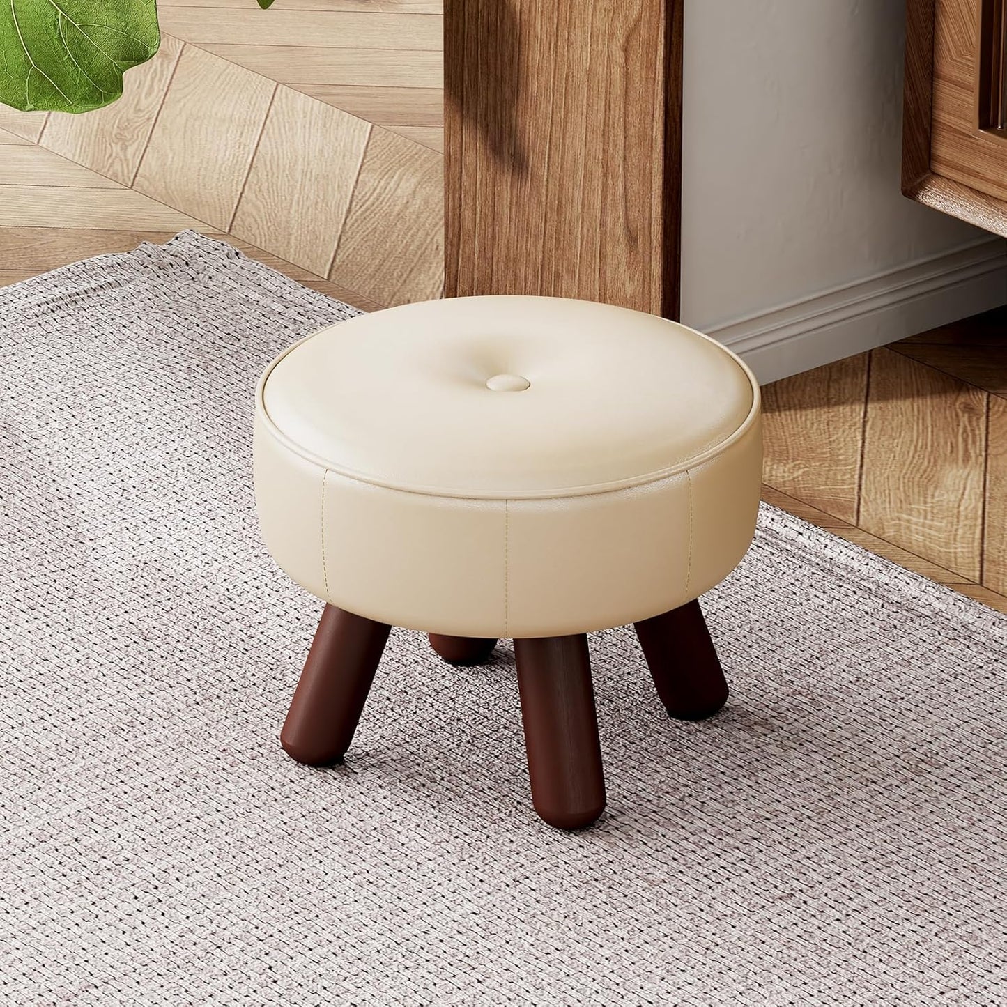 Small Foot Stool 13in, Round Faux Leaher Ottoman Foot Rest for Living Room, Under Desk Footstool Foot Rest with Non-Skid Rubber Legs for Bedroom, Entryway, 13''L x 13''W x 10.2''H, White