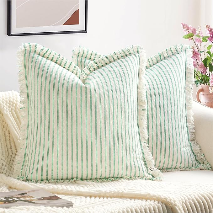 ZWJD Throw Pillow Covers 24x24 Set of 2 Green Striped Pillow Covers with Fringe Chic Cotton Decorative Pillows Square Cushion Covers for Sofa Couch Bed Living Room Farmhouse Home Decor