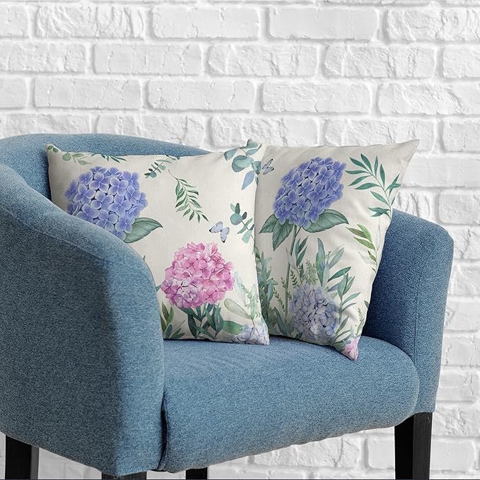 Pack of 2 Hydrangea Pillow Covers 22x22 Spring Summer Flower Pillows Decorative Throw Pillows Cover for Living Room Outdoor Patio Sofa Floral Butterflies Pillow Case